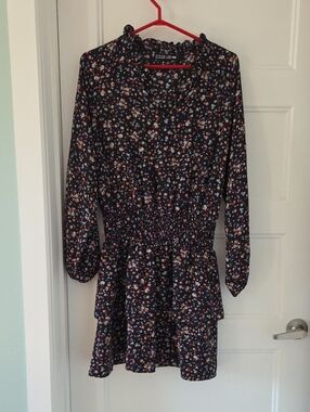 Women's Navy Floral Long-Sleeve Smocked Waist Dress